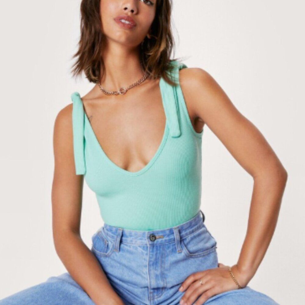 Nasty Gal Ribbed Bodysuit Women 4 Seafoam Green Tie Front Bunny Tie Stretch Top